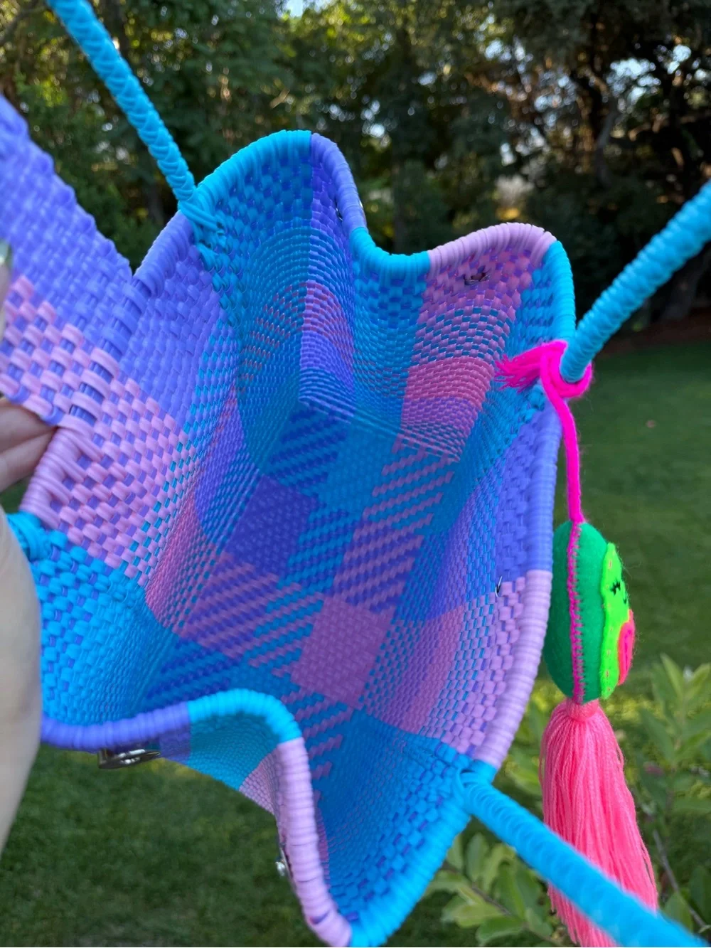Turquoise Pink Purple Woven Tote with Tassel Charm
